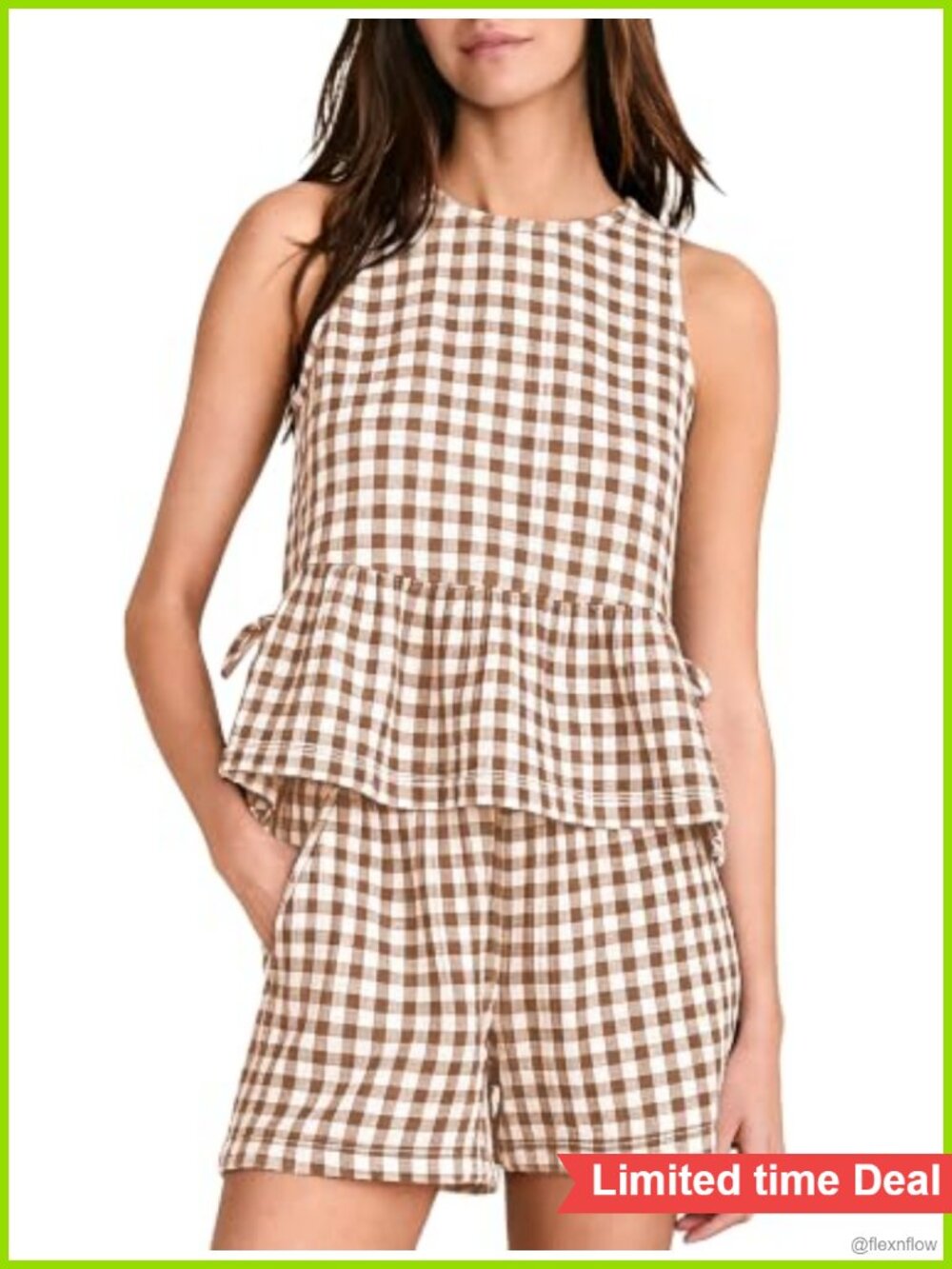2 Piece Gingham Cotton Tank Top & Shorts Lounge Set Sleeveless Peplum